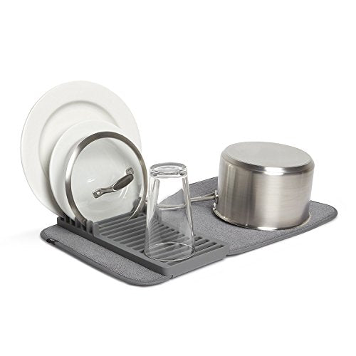 Umbra UDRY Rack and Microfiber Dish Drying Mat-Space-Saving Lightweight Design Folds Up for Easy Storage, Mini, Charcoal